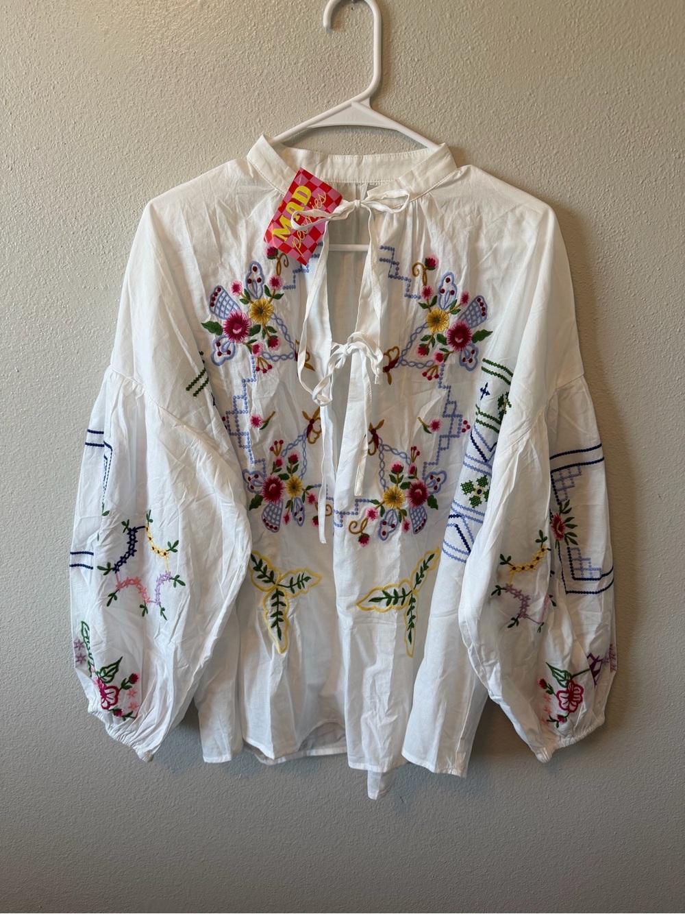Mad Peonies Boutique Boho Embroidered Tie Front Peasant Top Cottagecore Flowy